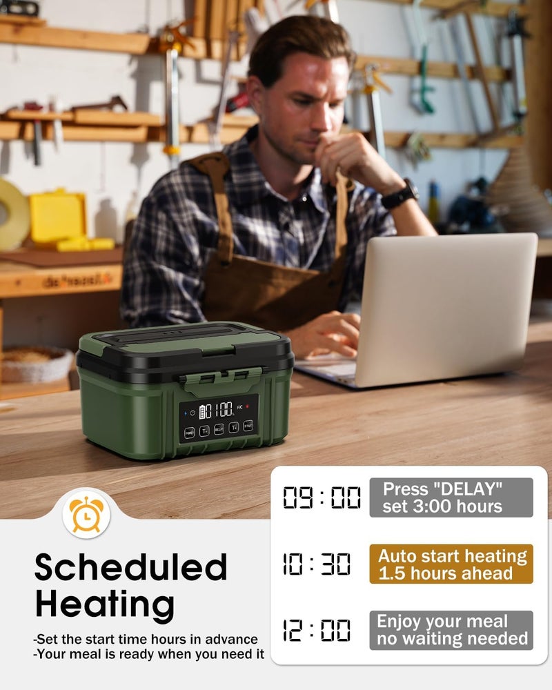 FERVINOW Cordless Electric Lunch Box for Adults – Battery-Powered Heated Lunch Box with 1.2L Stainless Steel Container, Timer Function, and Leak-Proof Food Warmer for Work, Travel & Office - Image 3